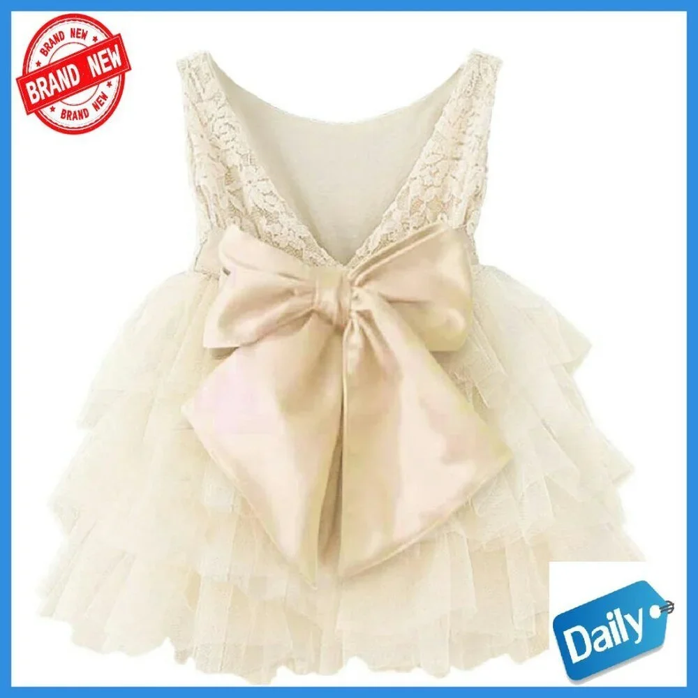 Girls Lace Flower Girl Dress 3/4 Sleeve Special Occasion Gown